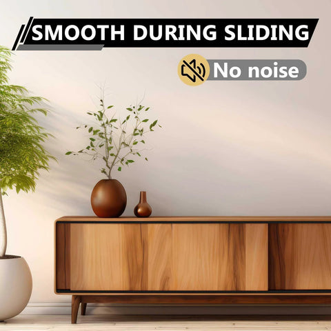 Two Sets Of Four Foot Plastic Sliding Door Track Hardware For One Half Inch Panel Doors Black installed on wooden cabinet for smooth, noiseless operation.