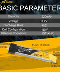 5 Pack 3.7V 220mAh 45C 1S LiPo Battery Set For Tiny Whoop Micro Drones with Tattu branding and size specifications
