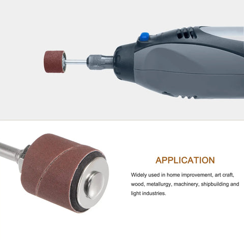 50 Pcs 1 Inch Sanding Sleeves 400 Grit Set With 2 Drum Mandrels For Rotary Tools, showing sandpaper sleeve on rotary tool.