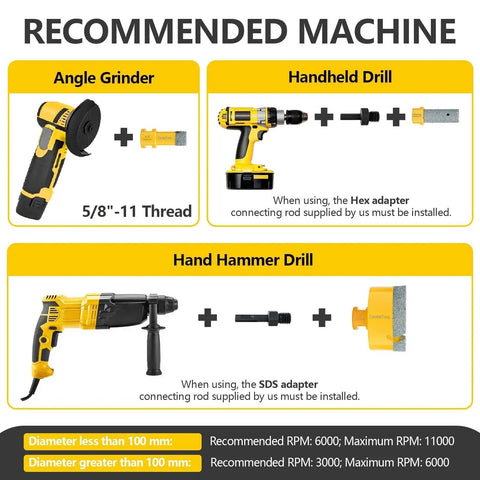 Premium 15 Pcs Diamond Tile Hole Saw Kit With Dual Dry And Wet Drill Bits Perfect For Masonry, Ceramic, Glazed Porcelain Tile Drilling Jobs In A Flash. Compatibility guide for angle grinder, handheld drill, and hammer drill with adapters.