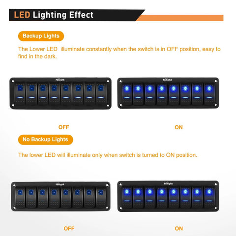 LED lighting effect on 8 Gang Aluminum Rocker Switch Panel With Pre Wired Harness Blue Backlit 5 Pin On Off Dash Switch