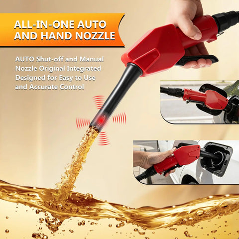 Cordless Fuel Transfer Pump 5 GPM With Auto Stop And Hand Nozzle showing gasoline flow and auto-shutoff feature