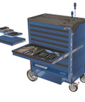 Solid As A Rock Seven Drawer Tool Trolley Made In Germany featuring thick steel heel guard with open drawers and tools visible.
