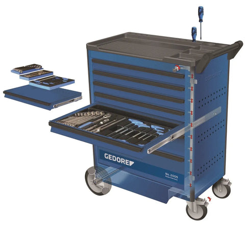 Solid As A Rock Seven Drawer Tool Trolley Made In Germany featuring thick steel heel guard with open drawers and tools visible.