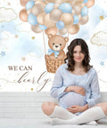 Blue Bear Hot Air Balloon Backdrop For Boy Tot Friendly Baby Shower Photo Booth Prop 7x5ft Cotton Fabric, Wrinkle Resistant