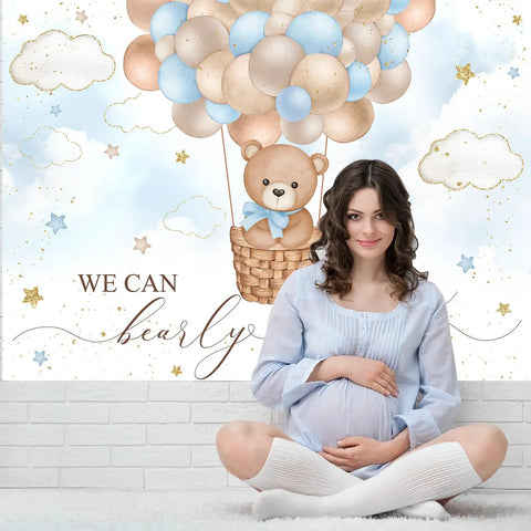 Blue Bear Hot Air Balloon Backdrop For Boy Tot Friendly Baby Shower Photo Booth Prop 7x5ft Cotton Fabric, Wrinkle Resistant