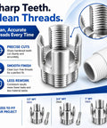 Three Piece PVC Pipe Threader Kit With Dual Internal And External Threading For Half Inch, Three Quarter Inch, And One Inch Pipes, Built Tough Carbon Steel, Drill Compatible, DIY Plumbing And Water Pipe Repairs.