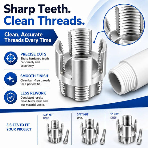 Three Piece PVC Pipe Threader Kit With Dual Internal And External Threading For Half Inch, Three Quarter Inch, And One Inch Pipes, Built Tough Carbon Steel, Drill Compatible, DIY Plumbing And Water Pipe Repairs.