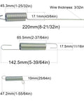 Detailed view of 5 Piece Extension Spring Set For Automotive Carburetor Governor And Throttle Return Linkages DIY Repair Kit Universal Fit Adjustable Springs Replacement Part 2901 showing dimensions and wire thickness.