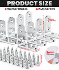 Heavy Duty Corner Braces 8 Pack Stainless Steel 40x40mm with 32 M4 Screws, 3mm Thickness, Right Angle Brackets for Shelves