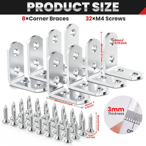Heavy Duty Corner Braces 8 Pack Stainless Steel 40x40mm with 32 M4 Screws, 3mm Thickness, Right Angle Brackets for Shelves