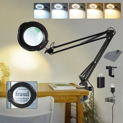 12X Magnifying Glass With Light And Clamp For Hands Free Precision Work Reading Craft And Repair 84 LED Real Glass Lens