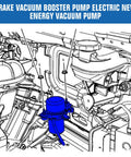 Blue brake vacuum pump assembly installed in automotive engine bay, power brake booster auxiliary pump