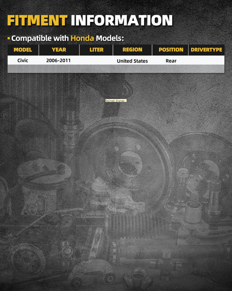 Rear Wheel Bearing Hub Assembly compatibility chart for Honda Civic 2006-2011, highlighted specs and fitment information.