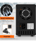 Back view of 4 Digit LCD DC Power Supply Adjustable 30V 10A 300W Bench Source Regulator with cooling fan and fuse box.