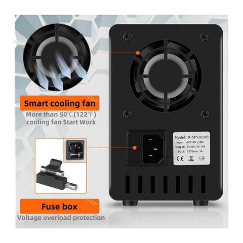 Dope Lab Bench Power Supply 30V 10A 300W With LCD 4 Digit Display Dual Knob Voltage Regulator Switching DC Supply USB 5V 2A Charge Port Smart Cooling Fan Ideal For PCB Repair And Prototyping, rear fan view