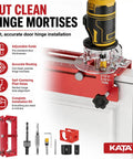 Premium Slick No Hassle Door Hinge Mortise Jig And Knockout Door Lock Installation Kit For 2.5 To 5 Inch Wide Doors Router Ready, showing adjustable guide and tools.