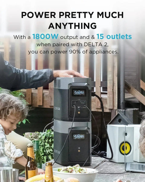 Person using Delta 2 Smart Extra Battery 1024Wh LiFePO4 Expansion for Power Station Delta 2 at outdoor picnic setup