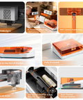 Collage of 20W AI Smart Laser Engraver features including HD camera positioning, auto focus, air assist, safety enclosure, and dual exhaust.