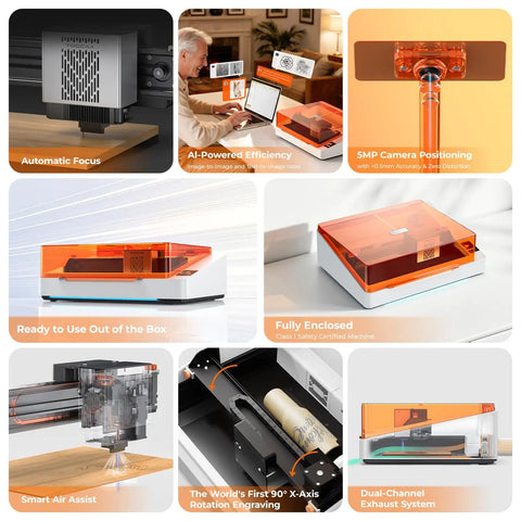 Collage of 20W AI Smart Laser Engraver features including HD camera positioning, auto focus, air assist, safety enclosure, and dual exhaust.