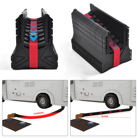 RV Sewer Hose Support With Nesting Design For Quick Setup And Easy Collapse with rubber band on a 10 ft hose under an RV.