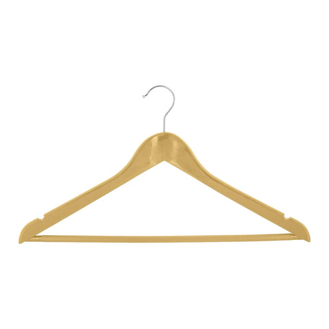 Single hanger from Three Pack Natural Wood Hangers With Rolling Crossbar To Prevent Creases And Wrinkles Made For Coats Dresses Pants And Shirts Durable Chrome Accents For A Neat Closet.
