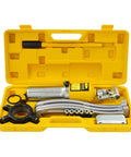 Heavy Duty Three Jaw Hydraulic Bearing Puller Kit With Secure Storage Box For Vehicles Gears Pulleys Hubs, yellow case with tools.