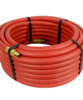 Badass 50 Foot Red Rubber Air Hose Delivers Knockout Durability and Sweet Flex for Your Shop coiled with brass fittings