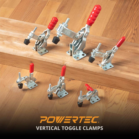 Heavy Duty 56 Piece Toggle Clamp Set With 500 Pounds Capacity And 12130 Quick Release Vertical Clamps on wooden surface