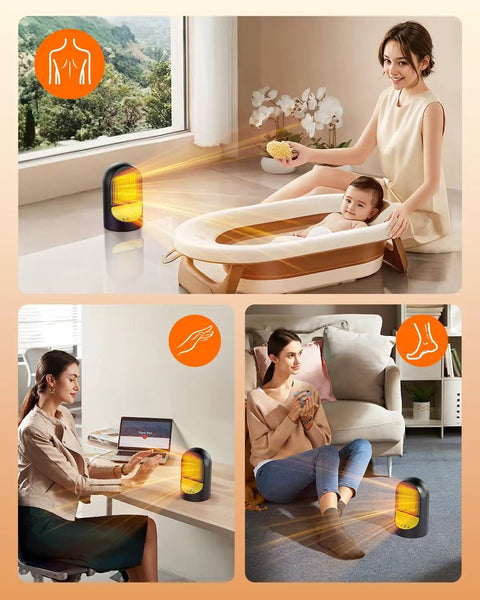 Crank Up The Heat 1500W Space Heater For Your Desk And Office used in bathroom and living room settings with people.