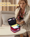 Multilayer Waterproof Medical Organizer Bag for Travel on table with woman, showing durable design and healthcare storage features.