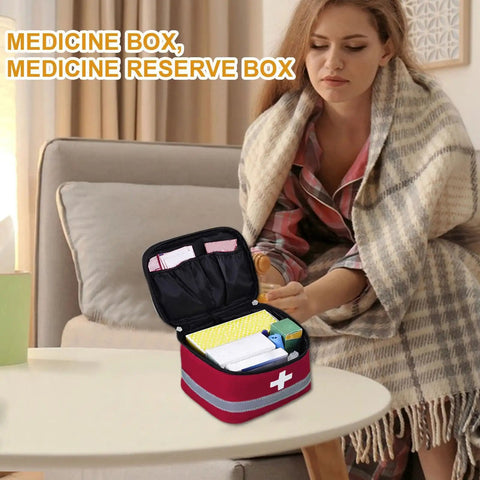 Multilayer Waterproof Medical Organizer Bag for Travel on table with woman, showing durable design and healthcare storage features.