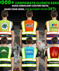 Snag This Dope Custom Logo Ansi Class 2 Hi Vis Mesh Safety Vest For Men Featuring Five Reflective Pockets Mic Clips And Crew Approved Grind Ready Rig, showing custom logos on vests.