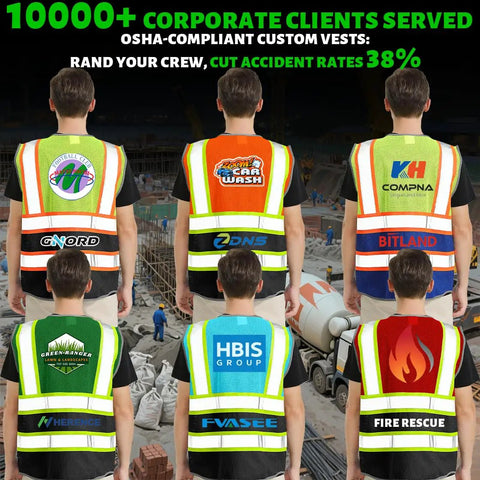 Snag This Dope Custom Logo Ansi Class 2 Hi Vis Mesh Safety Vest For Men Featuring Five Reflective Pockets Mic Clips And Crew Approved Grind Ready Rig, showing custom logos on vests.