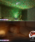 Dual view of Galaxy Star Projector Light with White Noise Bluetooth Speaker, Alexa and Smart App Control in bedroom setting