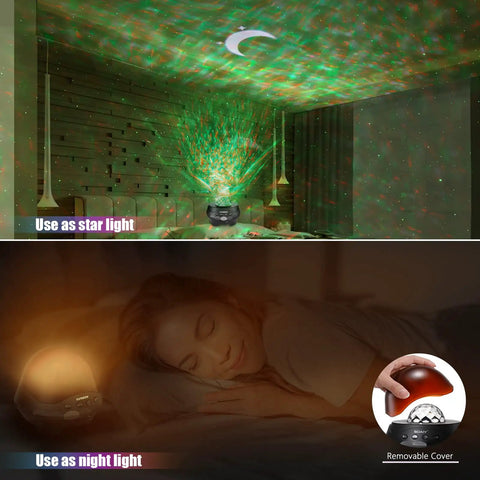 Dual view of Galaxy Star Projector Light with White Noise Bluetooth Speaker, Alexa and Smart App Control in bedroom setting