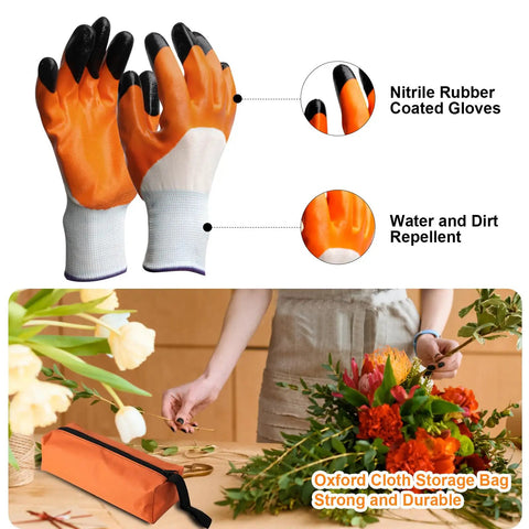 Nitrile rubber coated gloves and oxford cloth storage bag from All In One Workhorse Pruning Shears Set For Pro Garden Work.