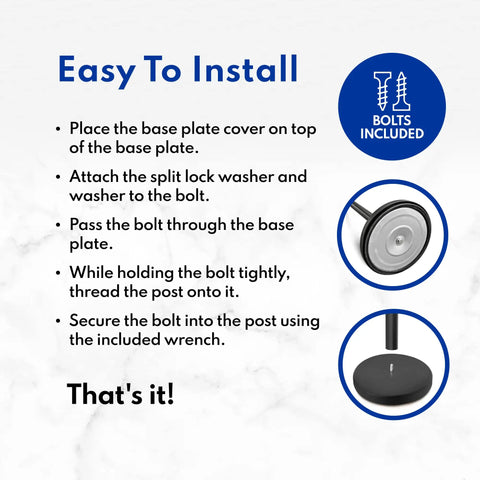 Installation guide for stanchions set. Includes image of base plate, bolt, and post assembly instructions.