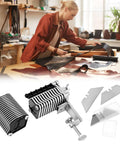 Leather Table Top Lace Cutter With 5 Replaceable Cutters for Fringe Braiding Strips and Belts, shown in a workshop with components.