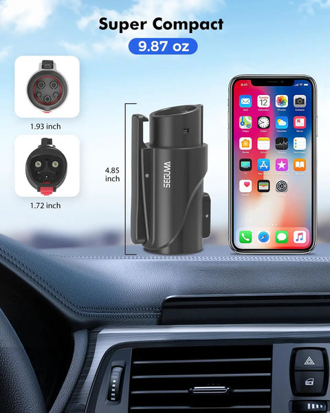 J1772 To NACS EV Charging Adapter For Tesla Chargers, 80 Amp 250 Volt, shown with dimensions on car dashboard
