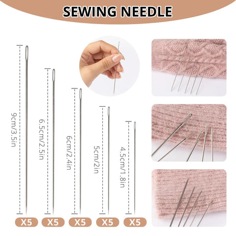 37 Piece Big Eye Stainless Steel Sewing Needles Kit With Threader, Thread Ripper, Thimbles And Accessories For Hand Sewing