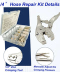 58PCS hose repair kit with 1/4 in. I.D. fittings and crimping tool; ferrules, couplers, nipples in storage case