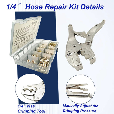 58PCS hose repair kit with 1/4 in. I.D. fittings and crimping tool; ferrules, couplers, nipples in storage case