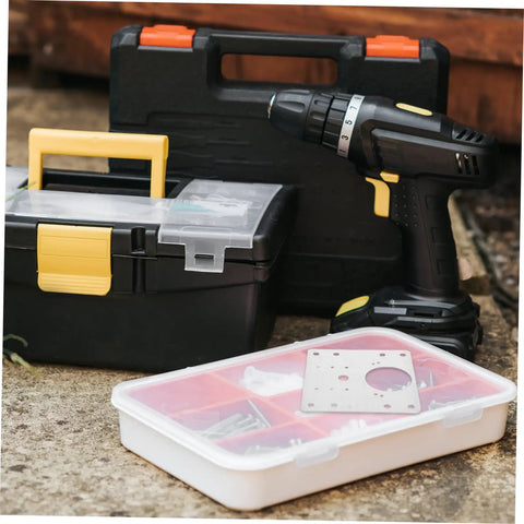 Four Pack Stainless Steel Hinge Repair Plate Kit With Mounting Screws For Door And Cabinet Hinges Brackets Quick Fix For Furniture And Kitchen Cupboards shown in white case with a drill and toolbox.