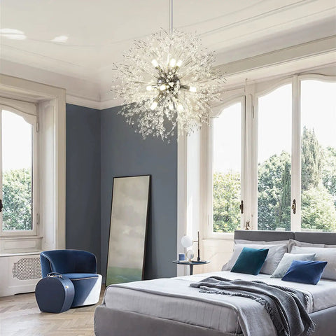 Chrome Modern Crystal Chandelier Firework Pendant Light With Bubble Crystal Orbs in elegant bedroom setting with large windows.