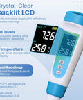 Close-up of No Fuss PH Meter With Spear Probe showing crystal-clear backlit LCD displaying pH and temperature readings.