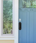 Door Handle Pull Push Plate Set Two Pack Heavy Duty Barn Door Pulls installed on blue exterior door with window reflection