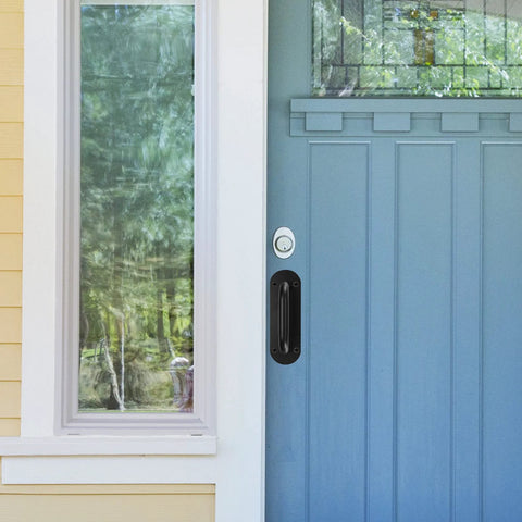 Door Handle Pull Push Plate Set Two Pack Heavy Duty Barn Door Pulls installed on blue exterior door with window reflection