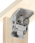 Close-up view of Heavy Duty Folding Brackets For Table Legs And Wall Shelves With Self Locking Hinges mounted on wood.
