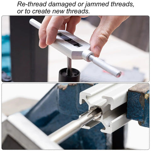 Metric Hand Tap Set M5 X 0.5 Taper And Bottom Thread Taps Kit used in metal thread repair and creation with hand tool and wrench.